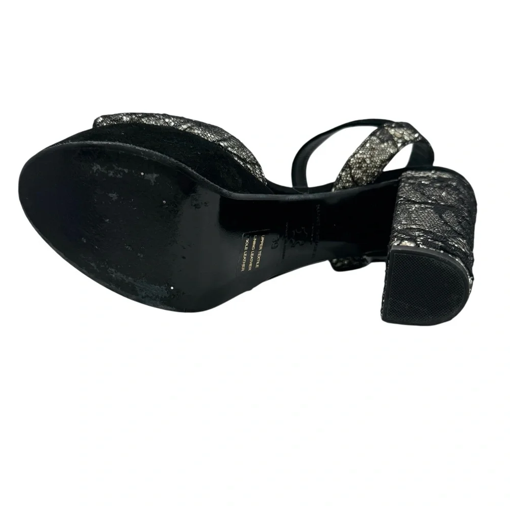 KURT GEIGER BLACK LACE OVER SILVER GLITTER PLATFORM HEELED SANDALS